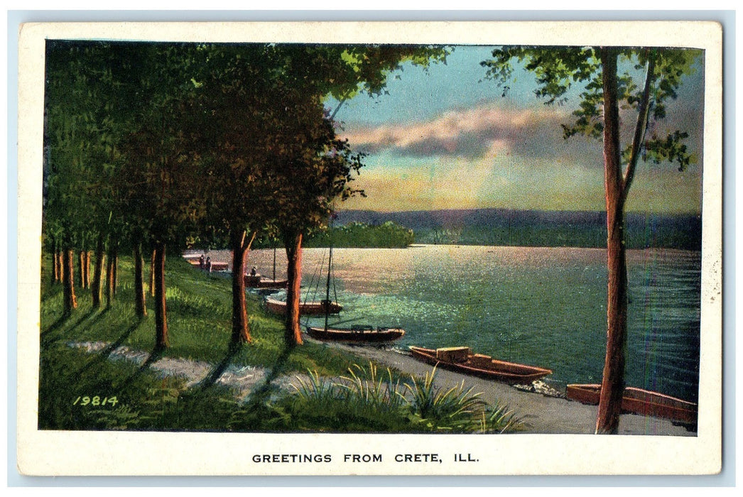 c1920's Greetings From Crete Lake Boats On Seaside Trees Illinois IL Postcard