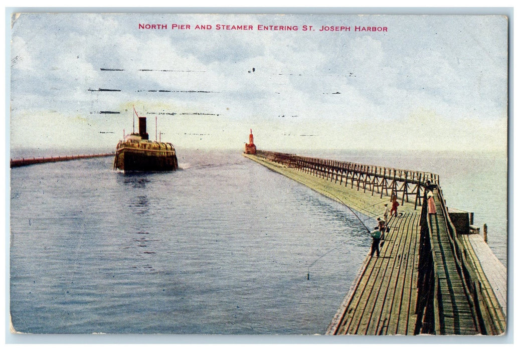 1913 North Pier And Steamer Entering Harbor Of St. Joseph Michigan MI Postcard
