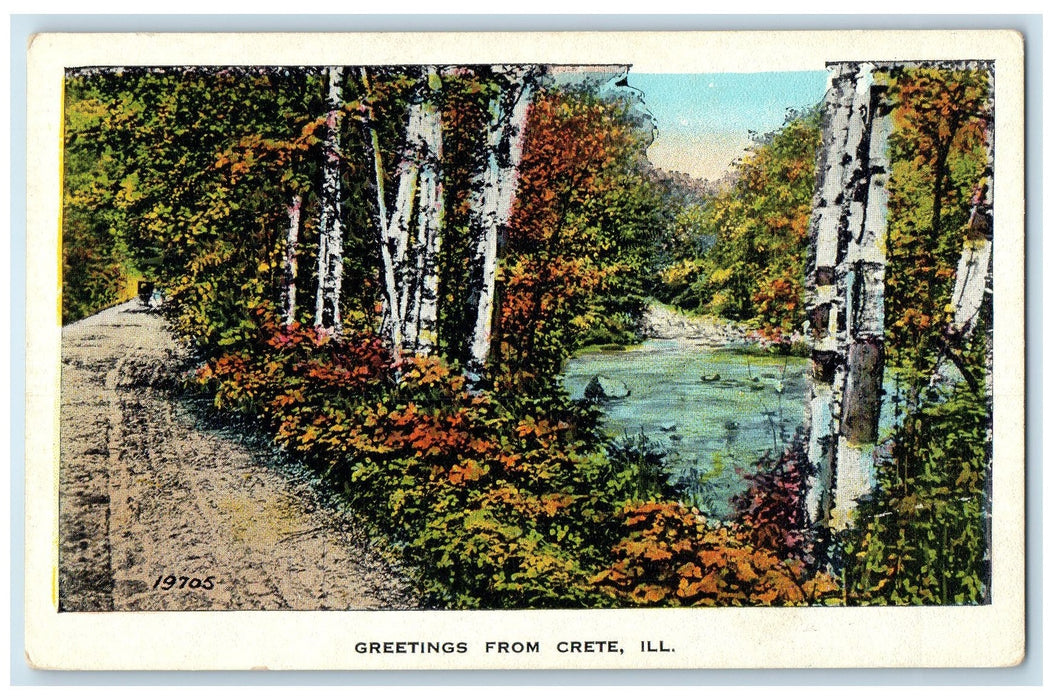 c1920's Greetings From Crete Trees Dirt Road Side Lake View Illinois IL Postcard