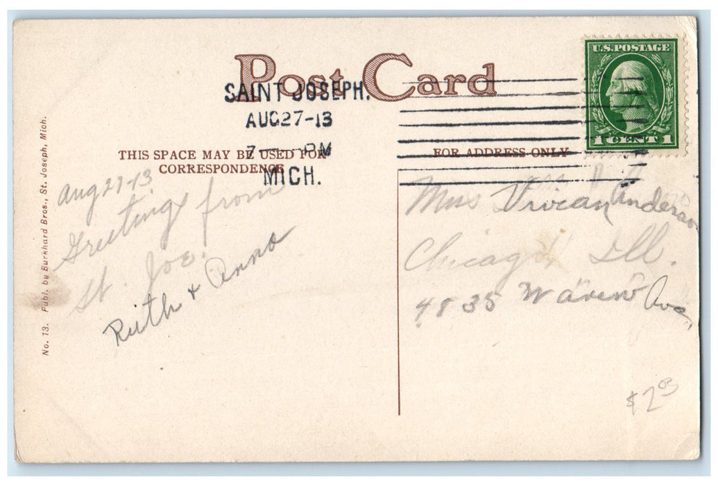 1913 North Pier And Steamer Entering Harbor Of St. Joseph Michigan MI Postcard