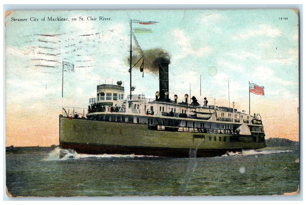 1910 Steamer Of Mackinac On St. Clair River Port Huron Michigan MI Flag Postcard