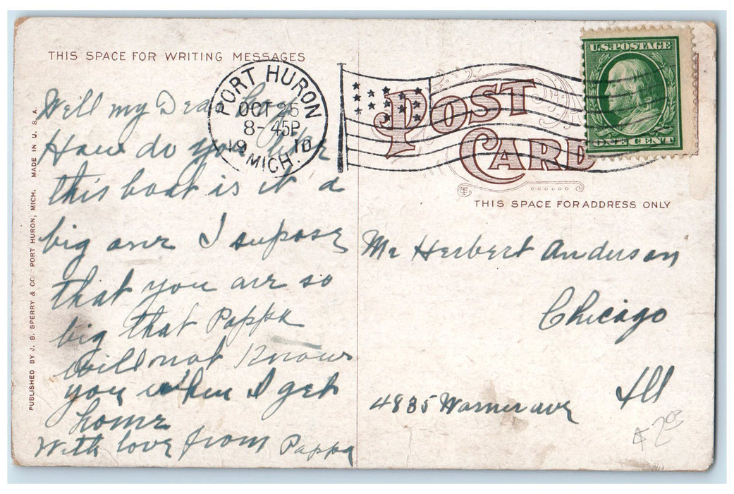 1910 Steamer Of Mackinac On St. Clair River Port Huron Michigan MI Flag Postcard