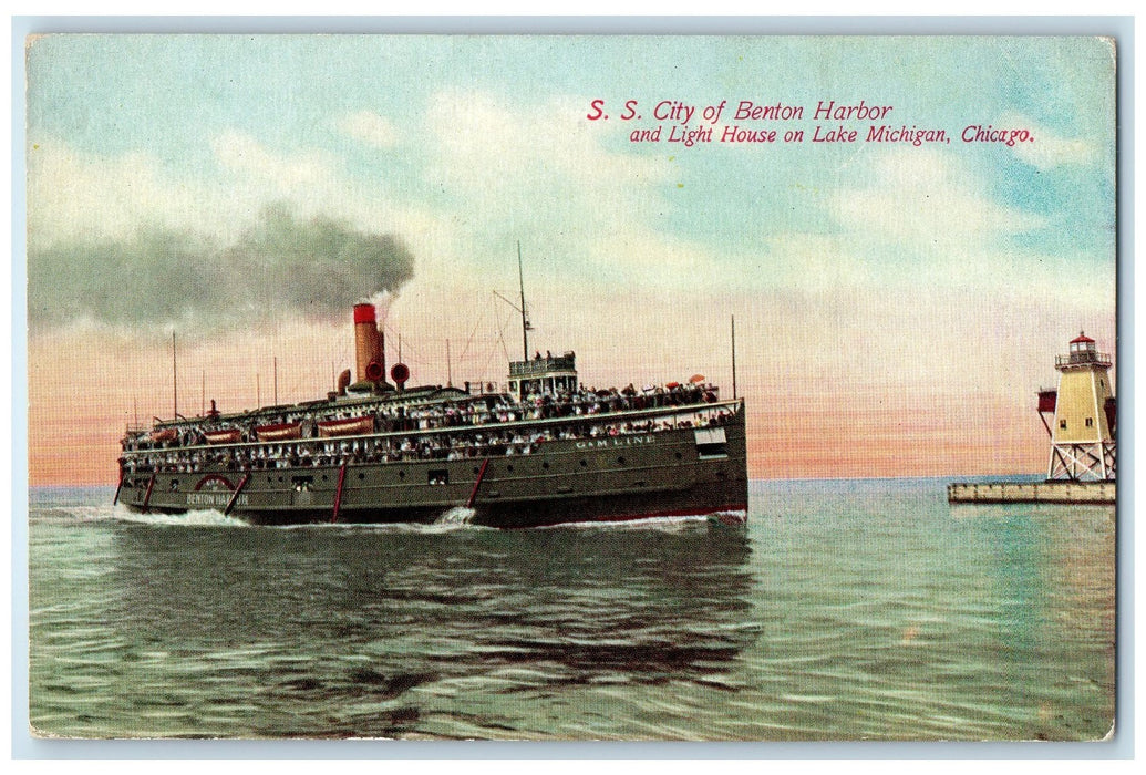 c1910s Steamship City Of Benton Harbor And Light House Scene Chicago IL Postcard