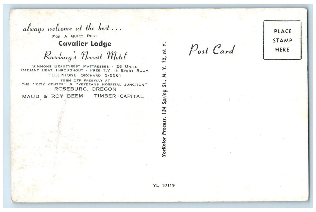 c1950 Cavalier Lodge Roseburg's New Motel Restaurant Roseburg Oregon OR Postcard