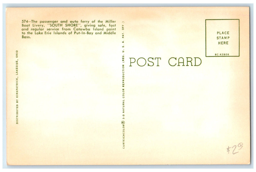 c1960's South Shore Passenger & Auto Ferry Catawba Point Middle Bass OH Postcard