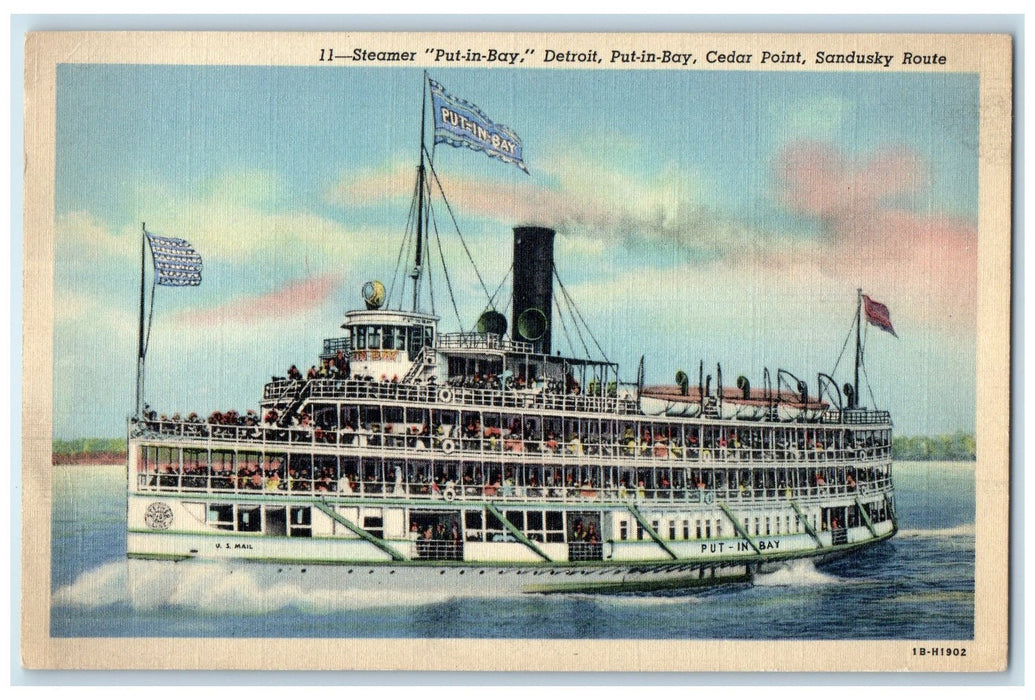 c1940s Steamer Put-In-Bay One Of Finest Excursion Boat Detroit MI Flags Postcard