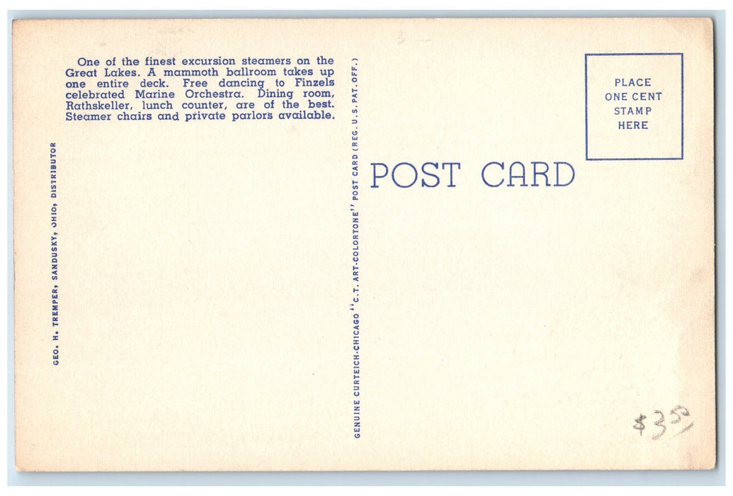c1940s Steamer Put-In-Bay One Of Finest Excursion Boat Detroit MI Flags Postcard