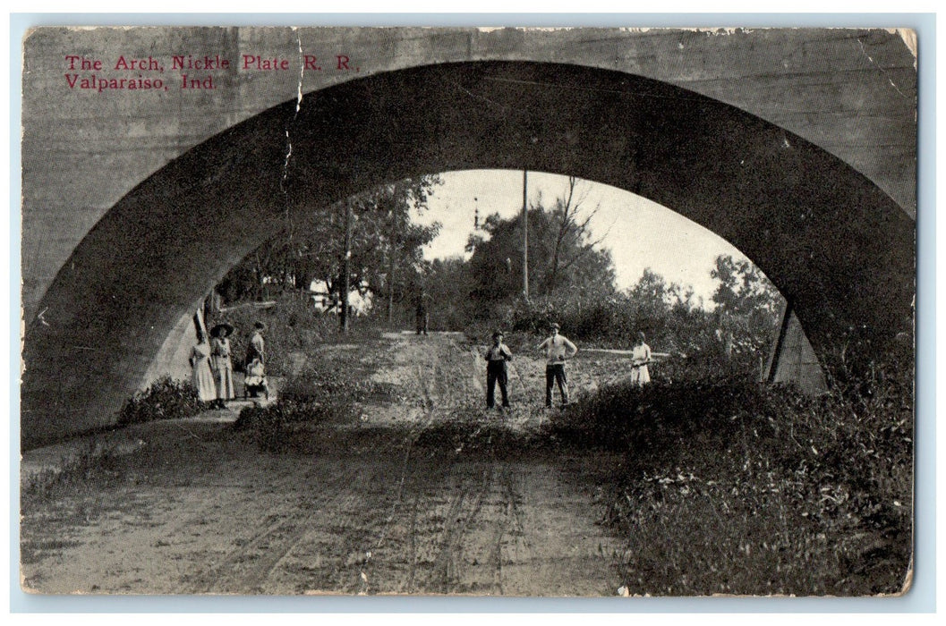 1914 Arch Nickel Plate Rail Road Dirt Road People Valparaiso Indiana IN Postcard