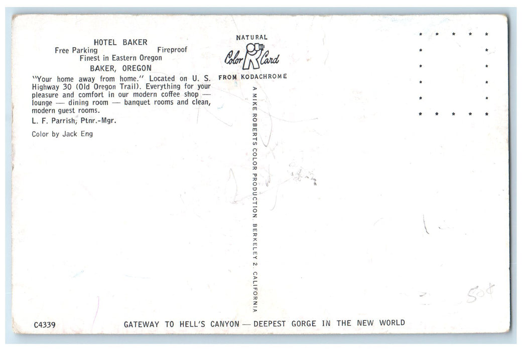 c1950 Hotel Baker Finest In Oregon Restaurant Building Baker Oregon OR Postcard