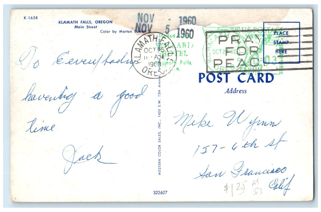1960 Howdy From Klamath Falls Street At Night Classic Cars Oregon OR Postcard
