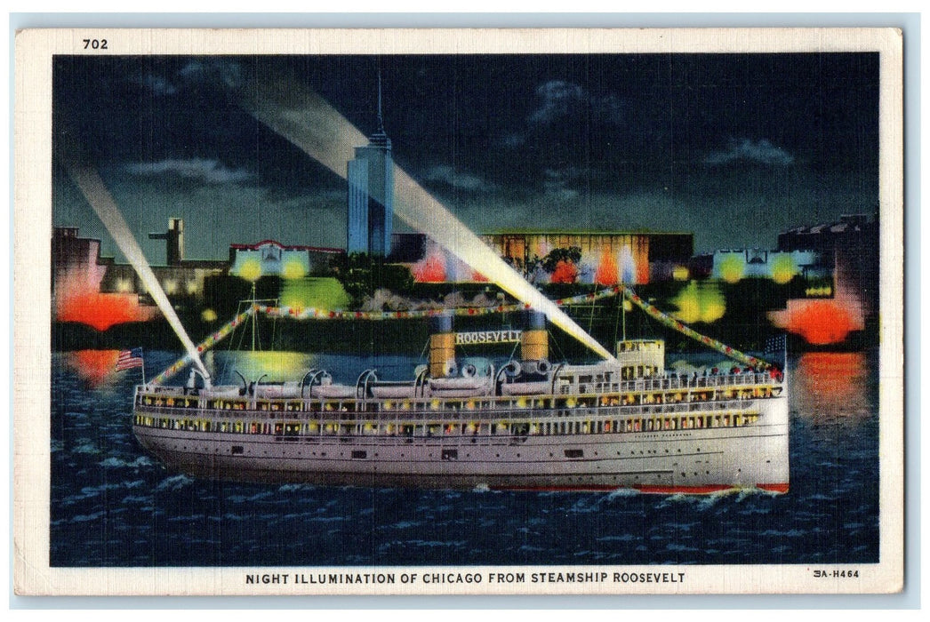 c1940 Night Illumination Of Chicago From Steamship Roosevelt Chicago IL Postcard