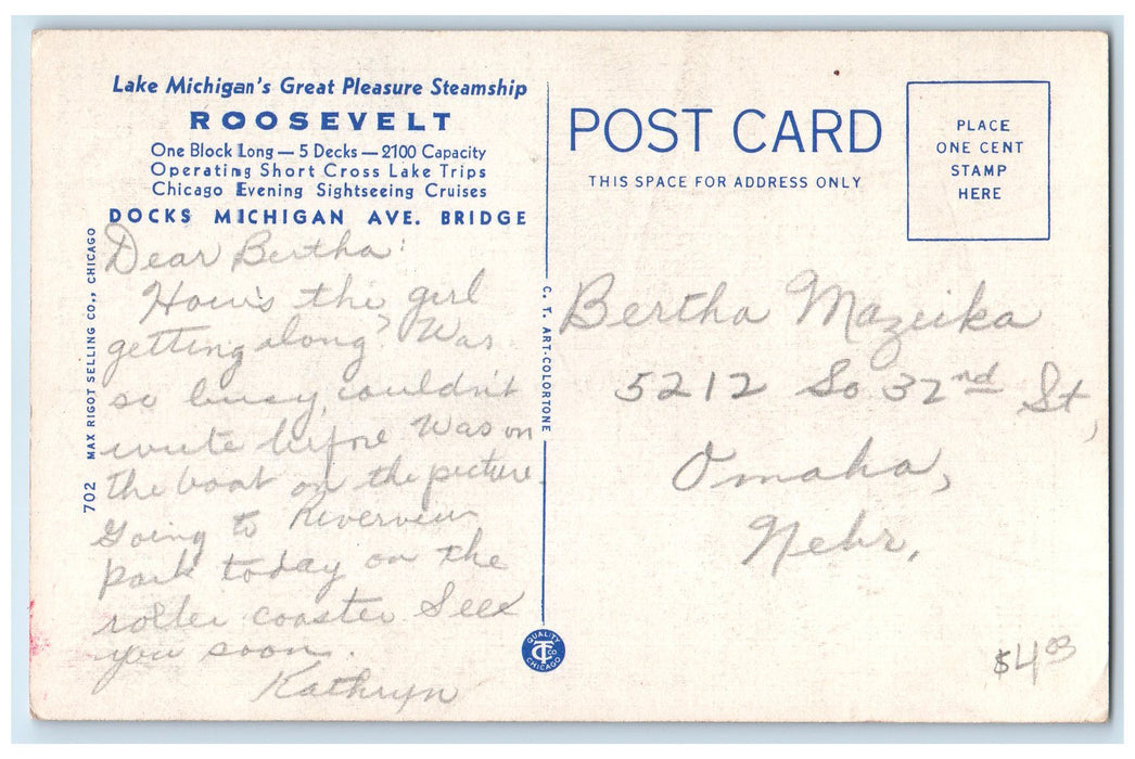 c1940 Night Illumination Of Chicago From Steamship Roosevelt Chicago IL Postcard