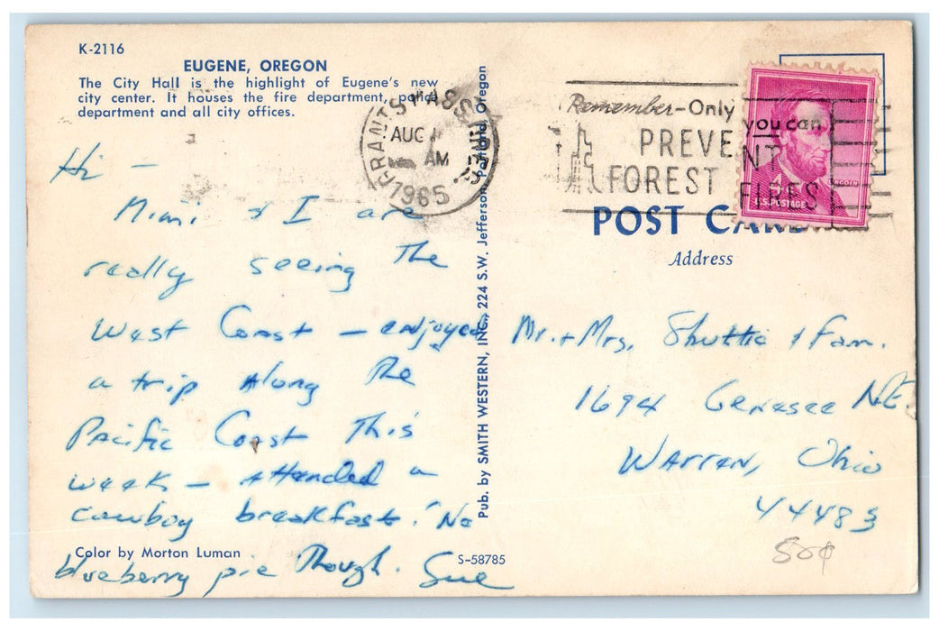 1965 City Hall Building Fire & Police Department View Eugene Oregon OR Postcard