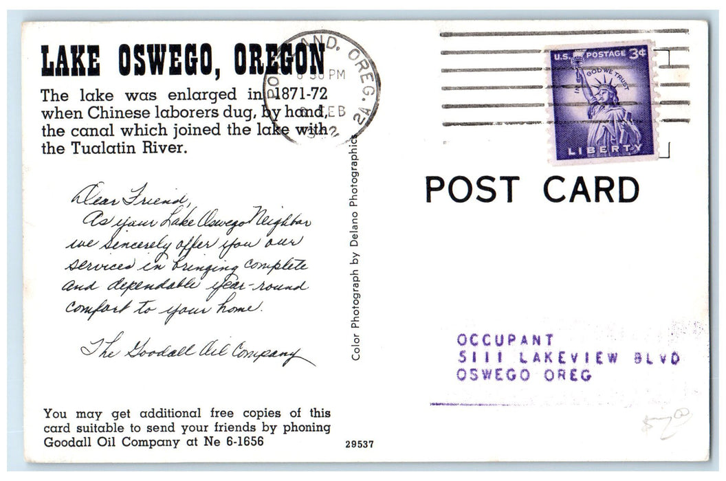 c1950's Enlarged In 1871-72 Dug By Chinese View Lake Oswego Oregon OR Postcard
