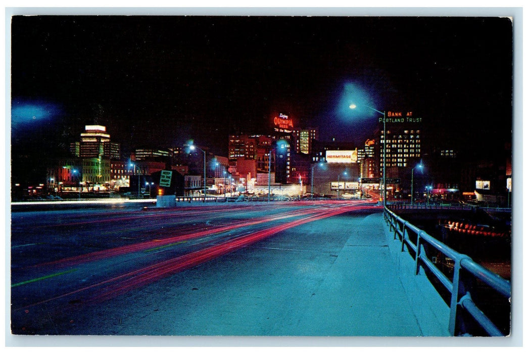 c1950 Skyline At Night From New Morrison St. Bridge Portland Oregon OR Postcard