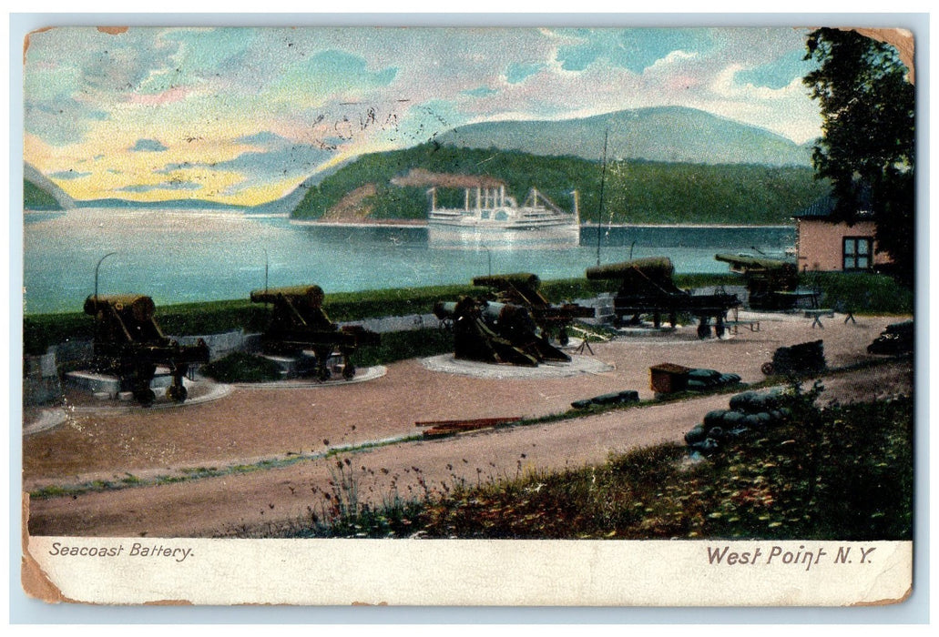 1907 Seacoast Battery Ship Cannon Inline Road West Point New York NY Postcard
