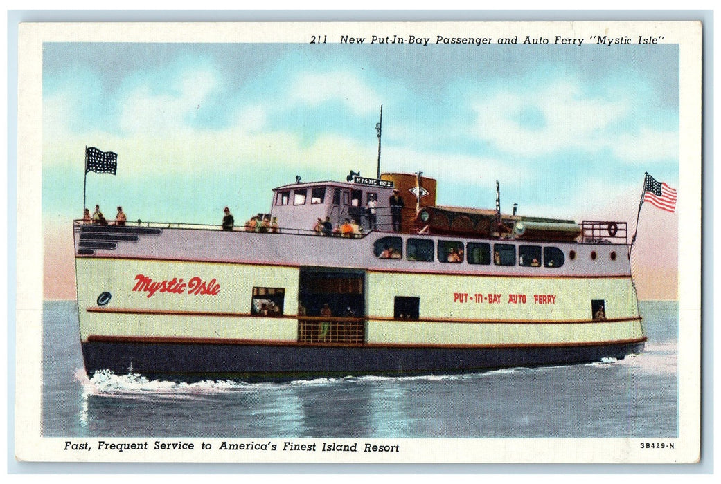 c1940s New Put-In-Bay Passenger & Auto Ferry Mystic Isle Great Lakes MI Postcard