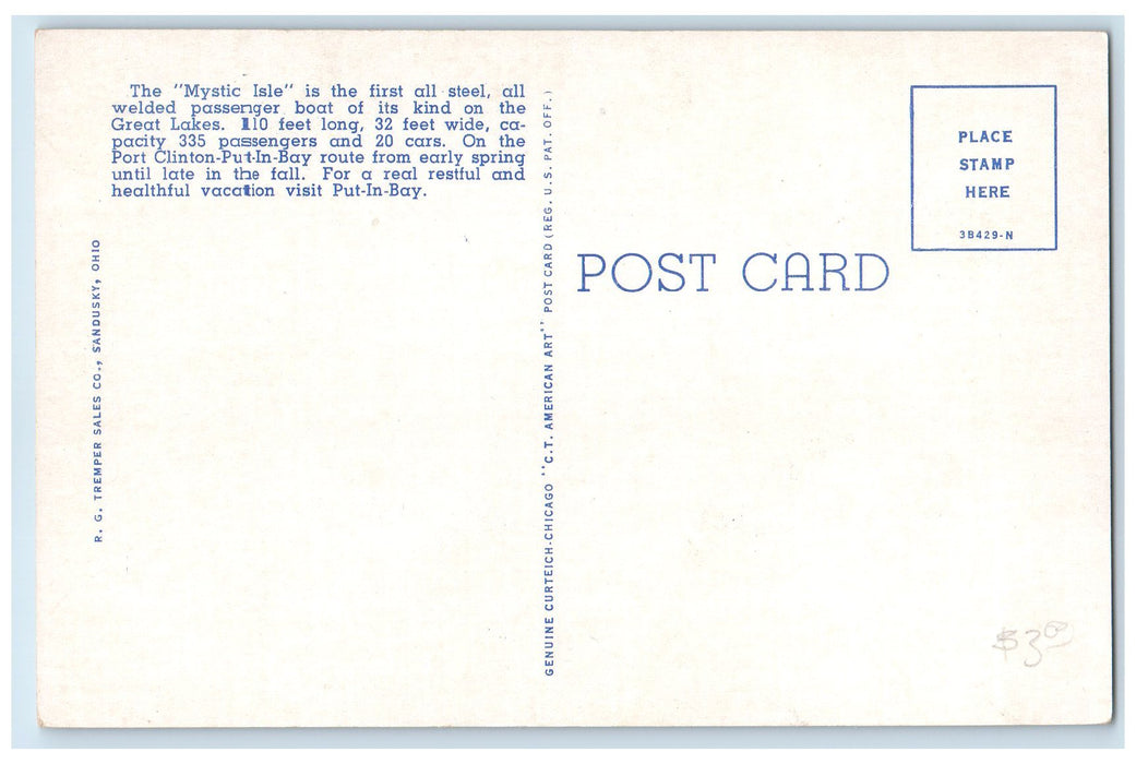 c1940s New Put-In-Bay Passenger & Auto Ferry Mystic Isle Great Lakes MI Postcard