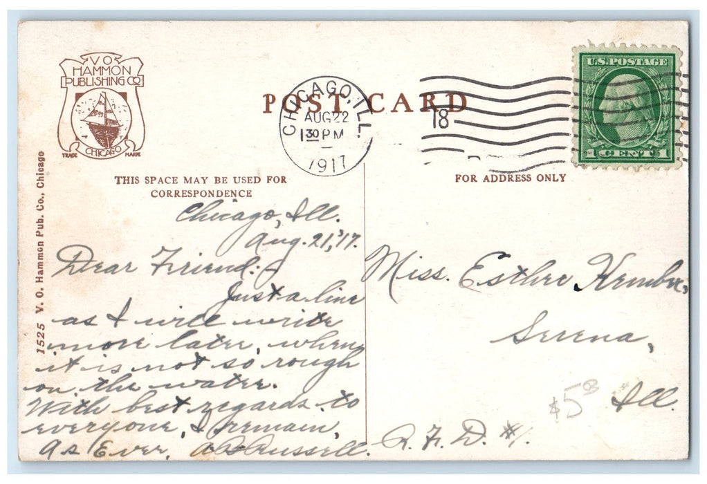 1917 Steamship Manitou Northern Michigan Trans. Co. Chicago IL Posted Postcard