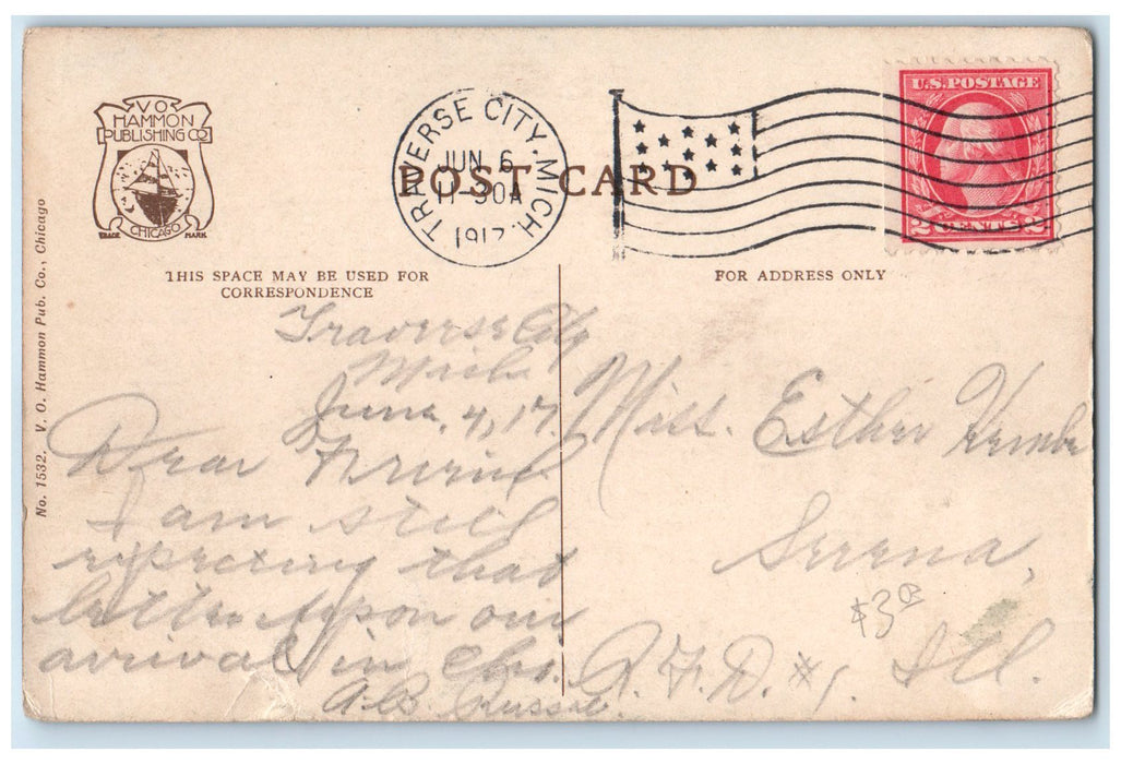 1917 Steamship Missouri Traverse City Michigan MI Posted Serena IL Flag Postcard