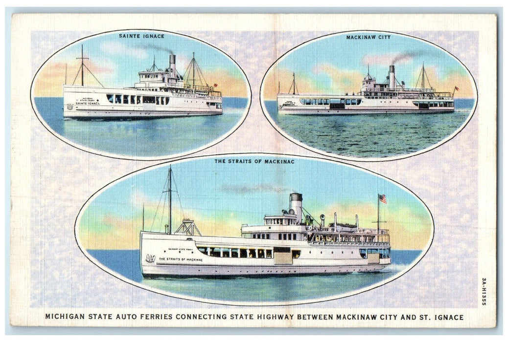 c1940's Michigan State Auto Ferries Connecting Mackinaw & St. Ignace MI Postcard