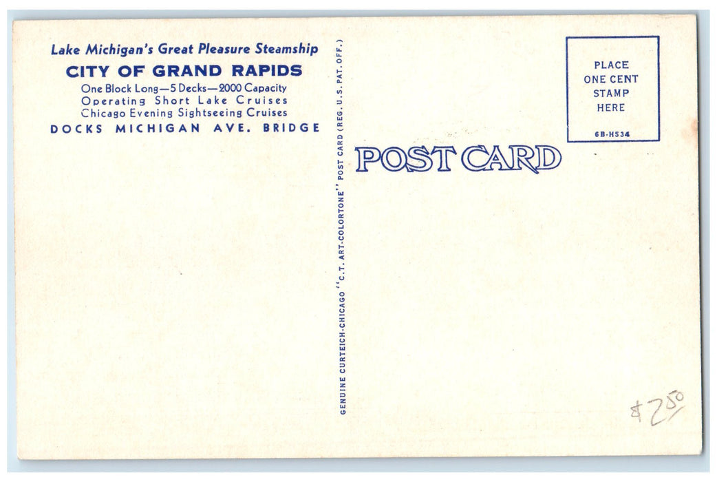 c1940's Steamship City Of Grand Rapids Scene Michigan City Delaware DE Postcard