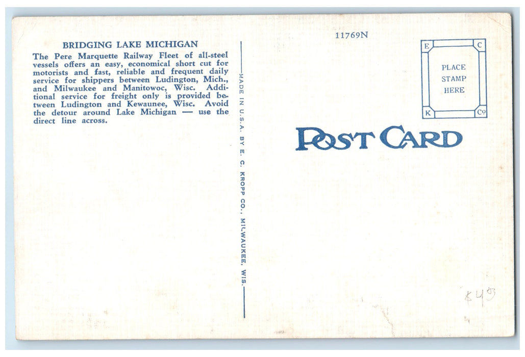 c1940's Pere Marquette Railway Scene Bridging Lake Michigan MI Unposted Postcard
