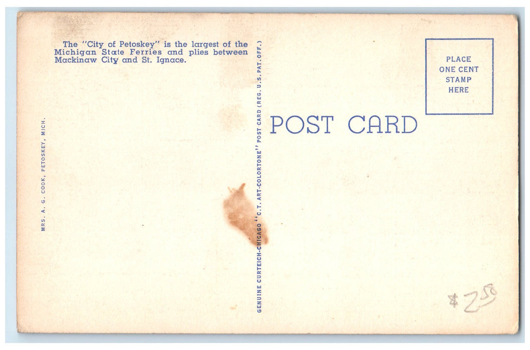 c1940's City Of Petoskey Largest Michigan State Ferry Mackinaw City MI Postcard