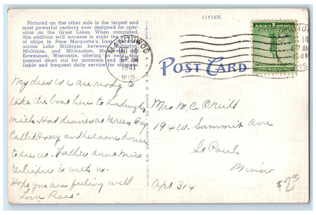 1941 Pere Marquette Railway Largest & Powerful Carferry Manitowoc WI Postcard