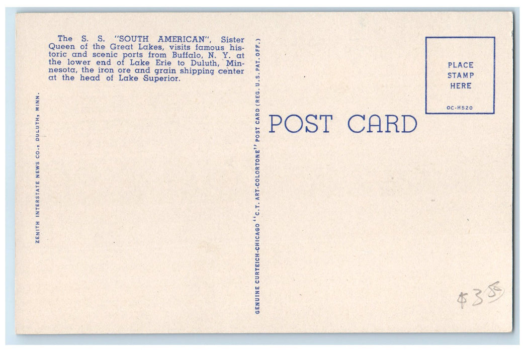 c1940's Steamship South American On Lake Superior Buffalo New York NY Postcard