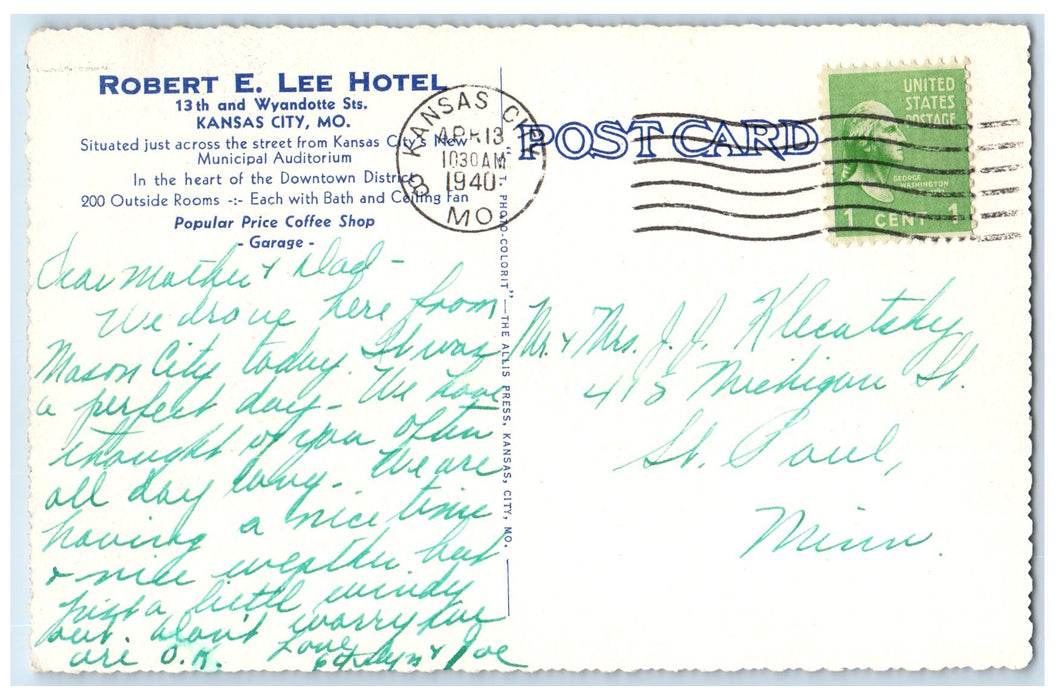 1940 Hotel Robert Lee & Restaurant Building Kansas City Missouri MO Postcard