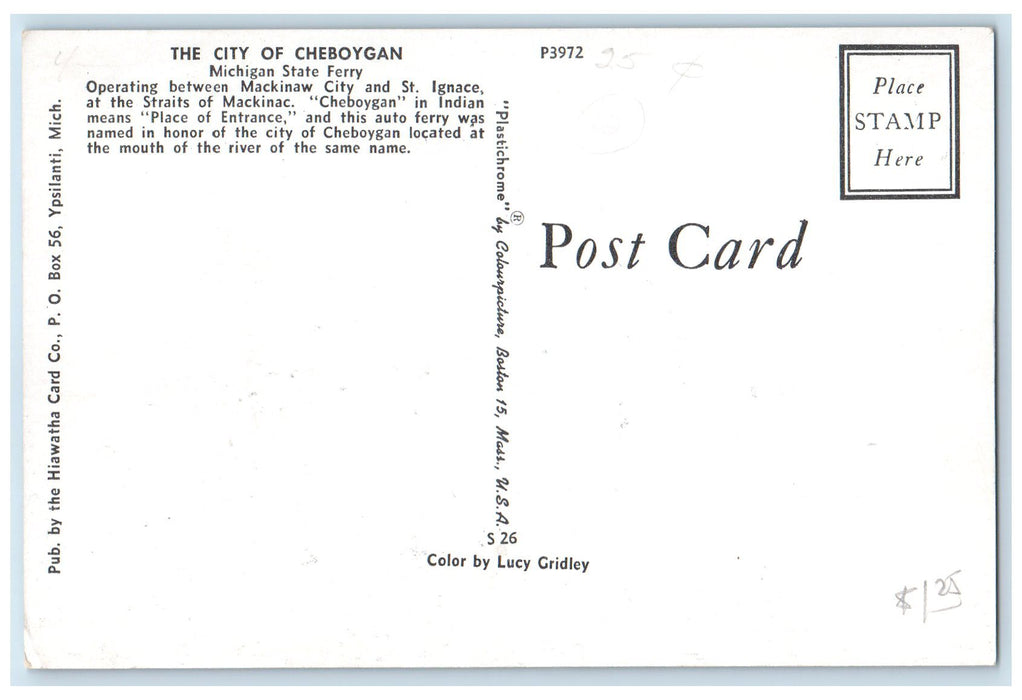 c1960's City Of Cheboygan Michigan State Ferry St. Ignace MI Unposted Postcard