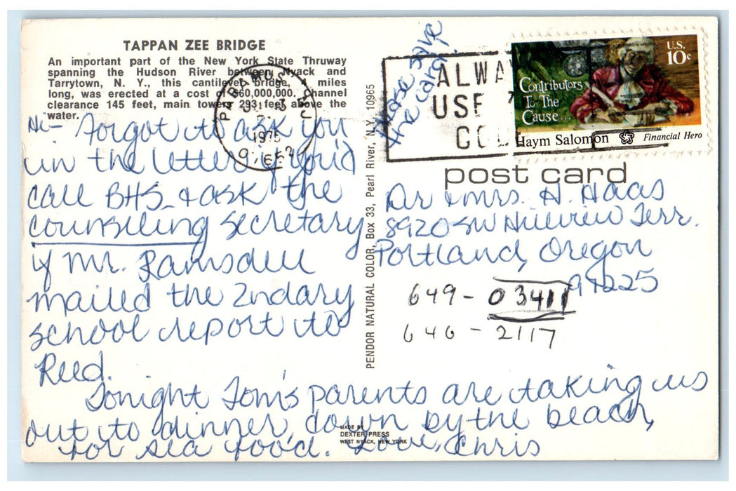 1975 Tappan Zee Cantilever Bridge Hudson River Tarrytown New York NY Postcard