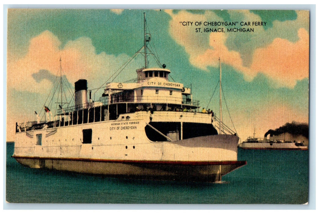c1940s City Of Cheboygan Carferry Scene St. Ignace Michigan MI Unposted Postcard