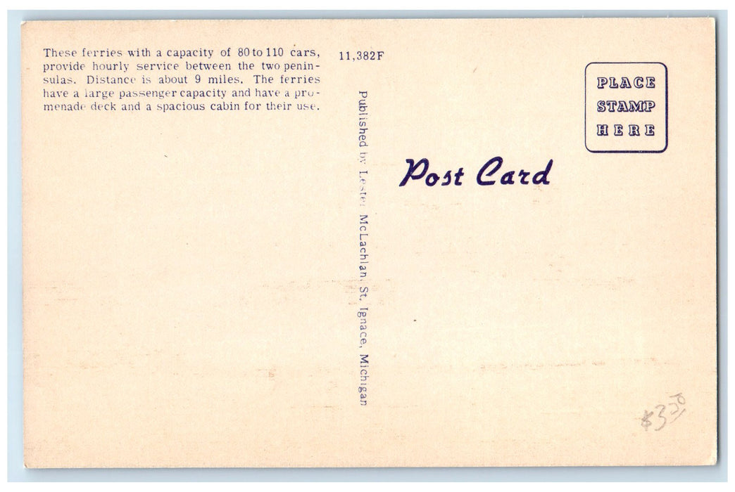 c1940s City Of Cheboygan Carferry Scene St. Ignace Michigan MI Unposted Postcard