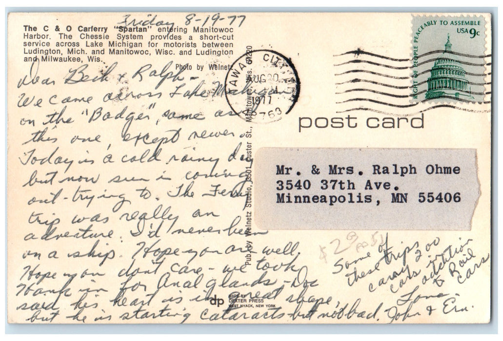 1977 The C. & O. Carferry Spartan Tawas City Michigan MI Minneapolis MN Postcard