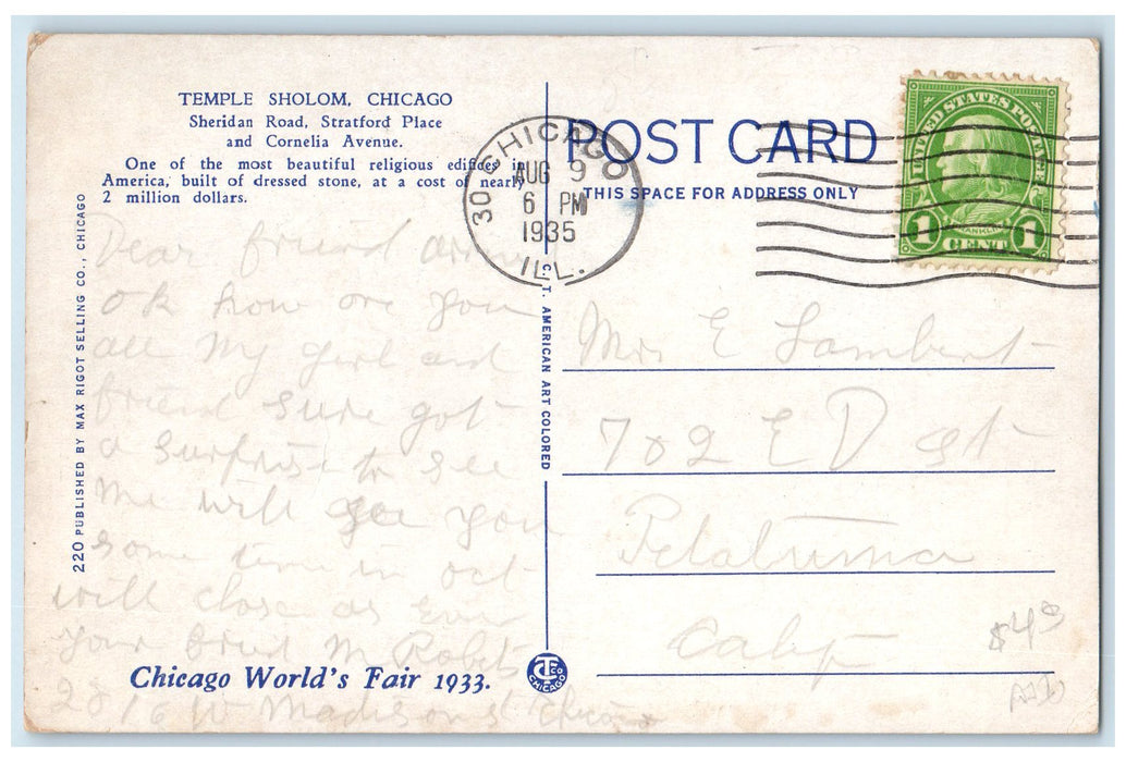 1935 Temple Sholom Building Entrance People Street Chicago Illinois IL Postcard