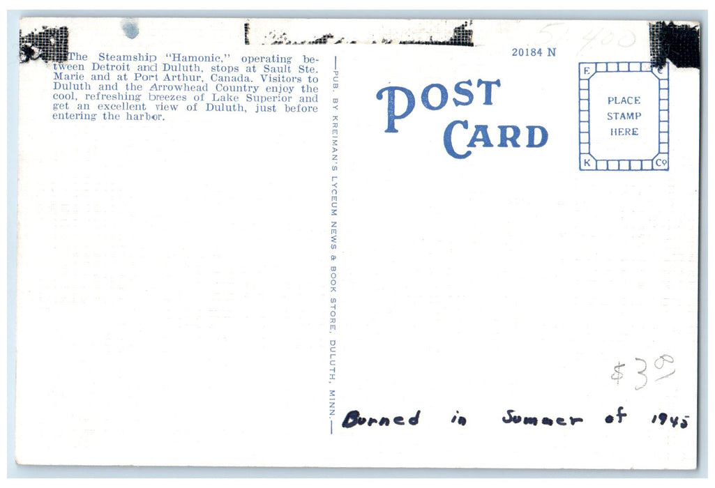c1940's Steamship Hamonic Scene Operating Between Detroit And Duluth MN Postcard