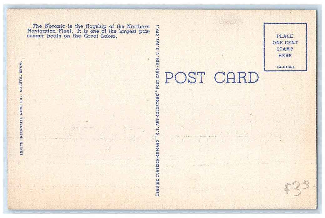 c1940's Steamship Noronic On Lake Superior Sault Ste. Marie Michigan MI Postcard