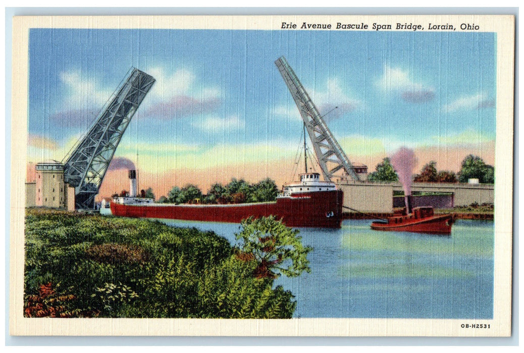 c1940's Erie Avenue Bascule Span Bridge Scene Lorain Ohio OH Unposted Postcard