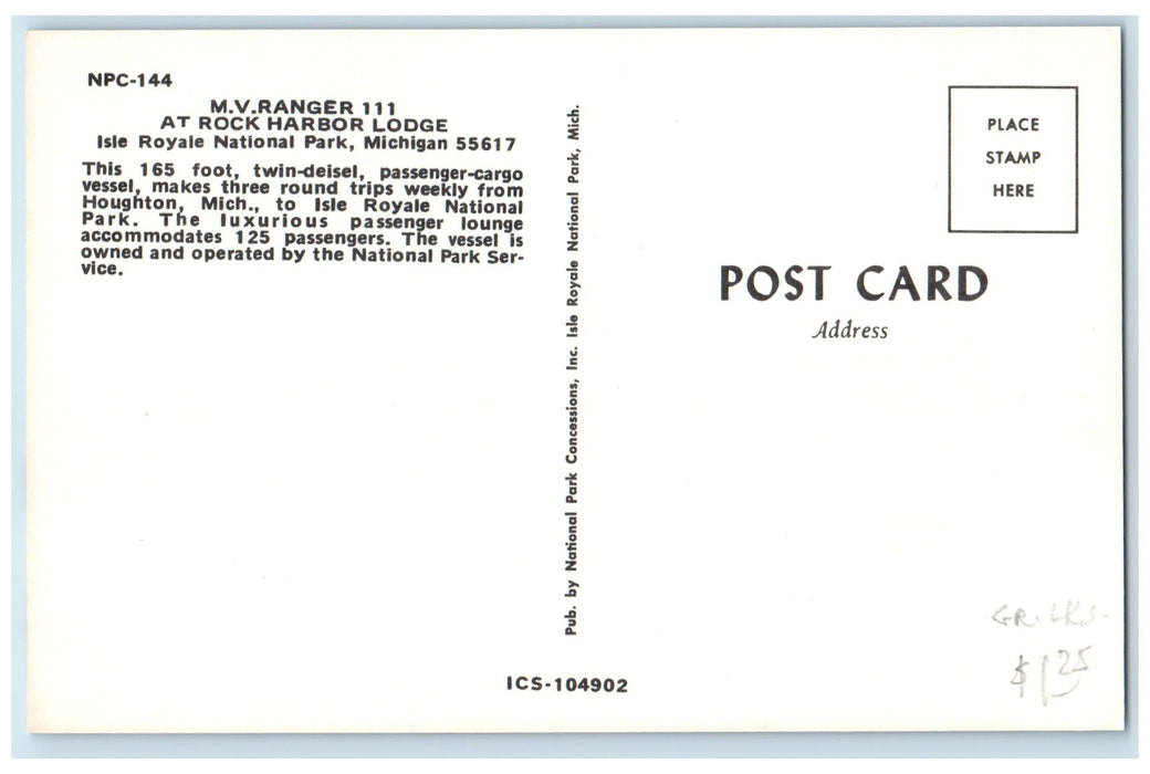 c1960s MV Ranger 111 Rock Harbor Lodge View Isle Royal National Park MI Postcard