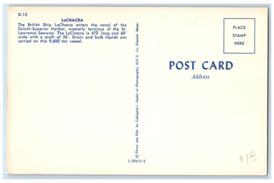 c1960's LaChacra British Ship Entering Harbor Of Duluth-Superior MN Postcard