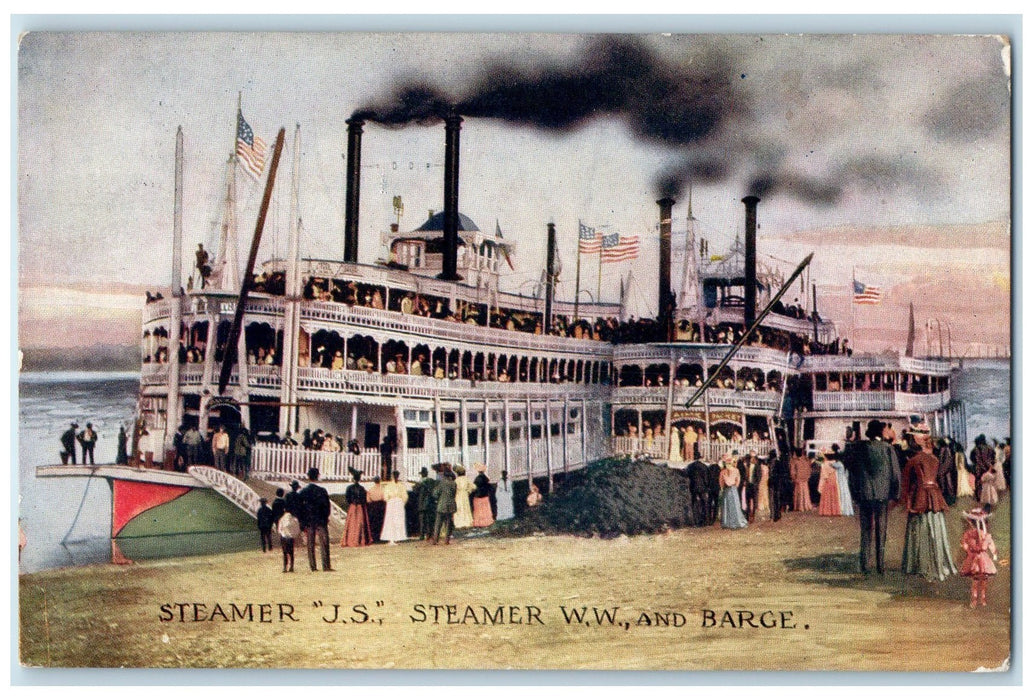 1909 Steamer JS Steamer WW And Barge Venport Iowa IA Posted Passengers  Postcard