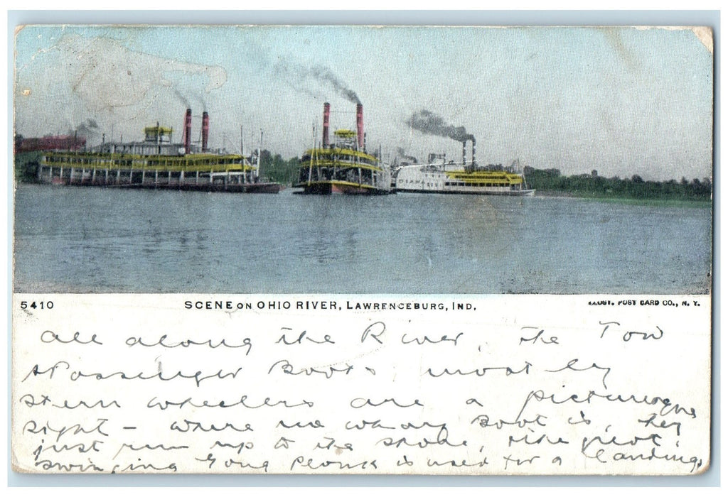 1906 Scene On Ohio River Steamships Lawrenceburg Indiana IN Posted Boat Postcard