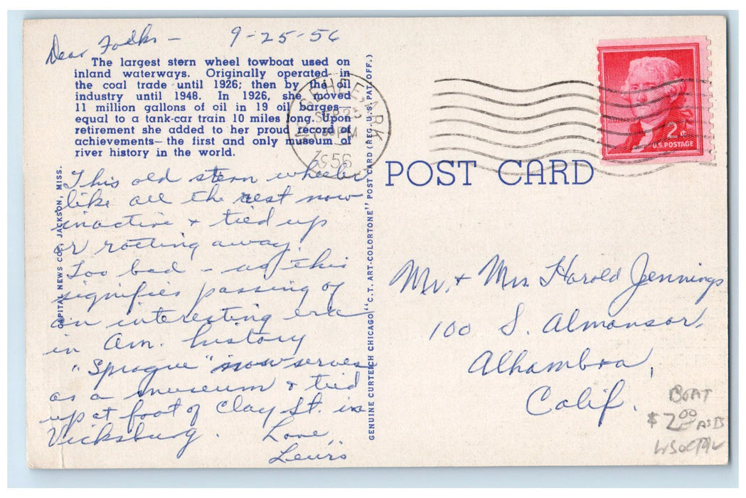 1956 Mississippi River Showboat Sprague Vicksburg Mississippi MS Posted Postcard