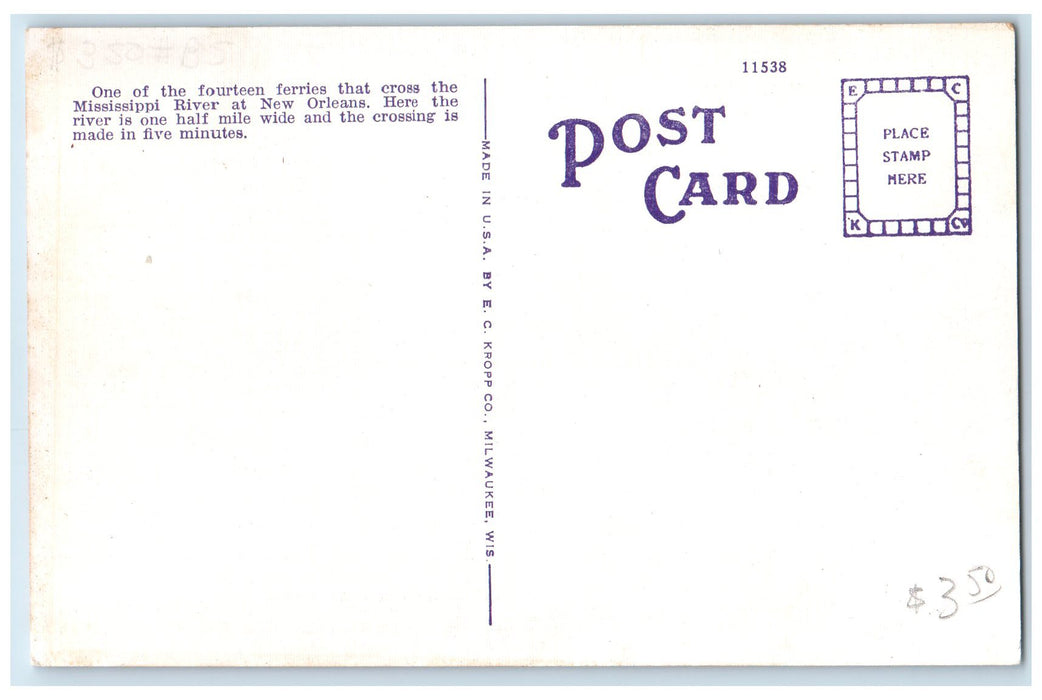 c1940's All Steel Mississippi River Ferry Leo B. Bisso New Orleans LA Postcard
