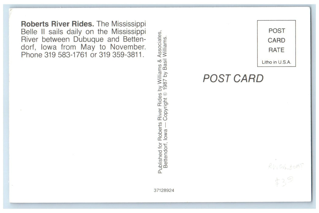 c1960s Roberts River Rides The Mississippi Belle II Bettendorf Iowa IA Postcard