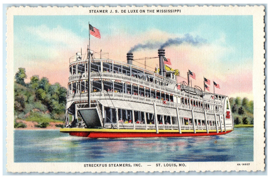 c1940's Steamer J.S. De Luxe On The Mississippi St. Louis Missouri MO Postcard