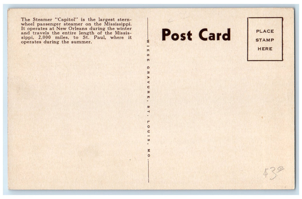 c1940's Excursion Steamer Capitol On The Mississippi New Orleans LA Postcard