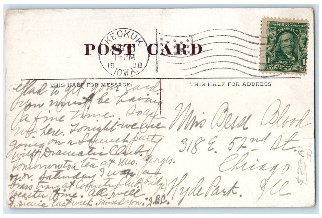 1908 Steamer Dubuque Passengers Scene Keokuk Iowa IA Posted Vintage Postcard
